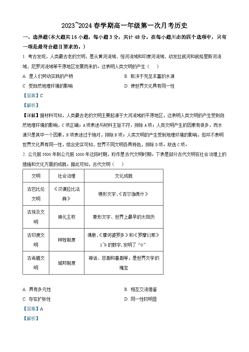 安徽省亳州市涡阳县2023-2024学年高一下学期4月月考历史试题（原卷版+解析版）01