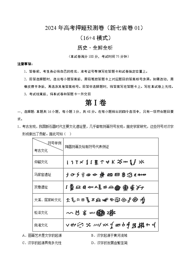 江西省（新七省卷）（16 4模式）2024年高考押题预测历史试卷01（Word版附解析）