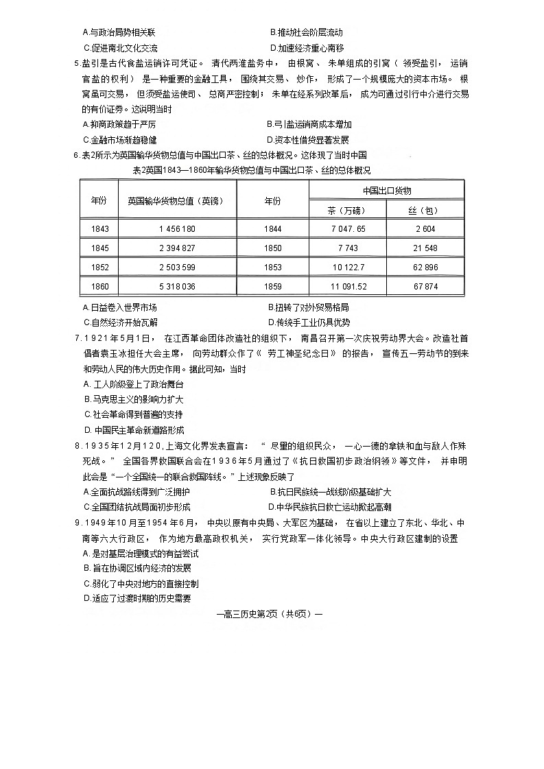 江西省南昌市2024届高三第二次模拟测试历史试卷02