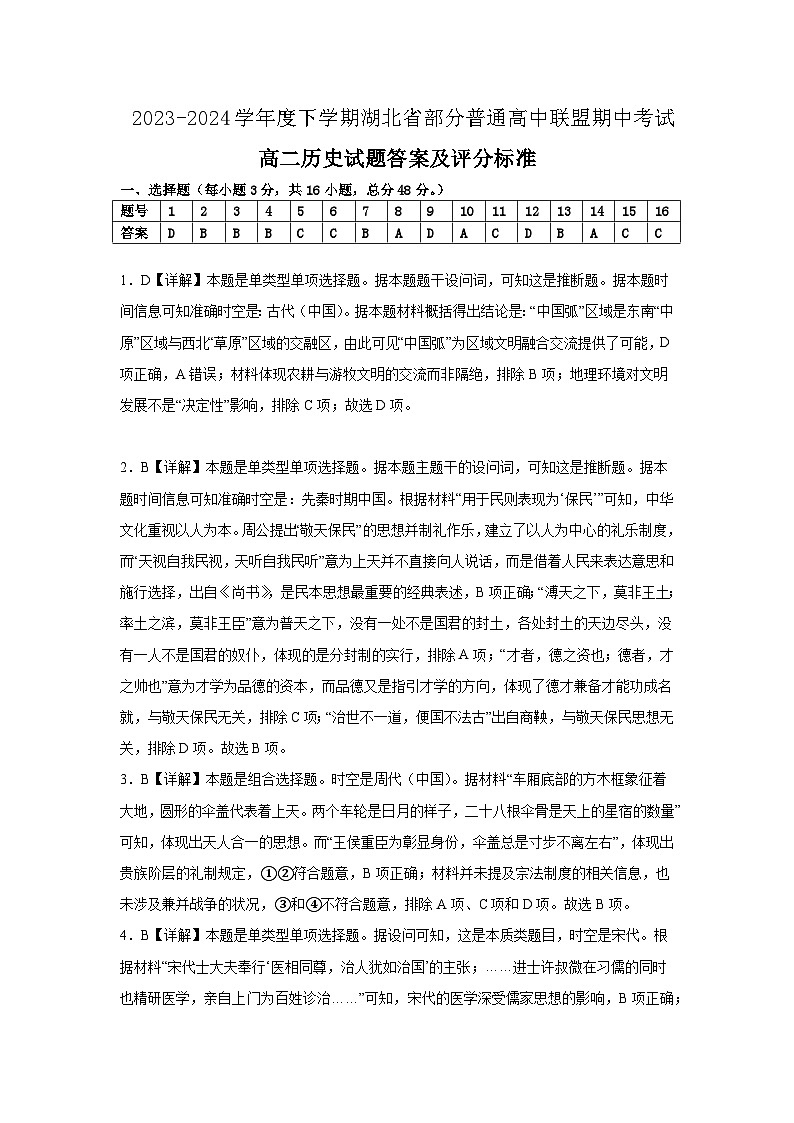 湖北省部分普通高中联盟2023-2024学年高二下学期期中考试历史试卷解析第1页