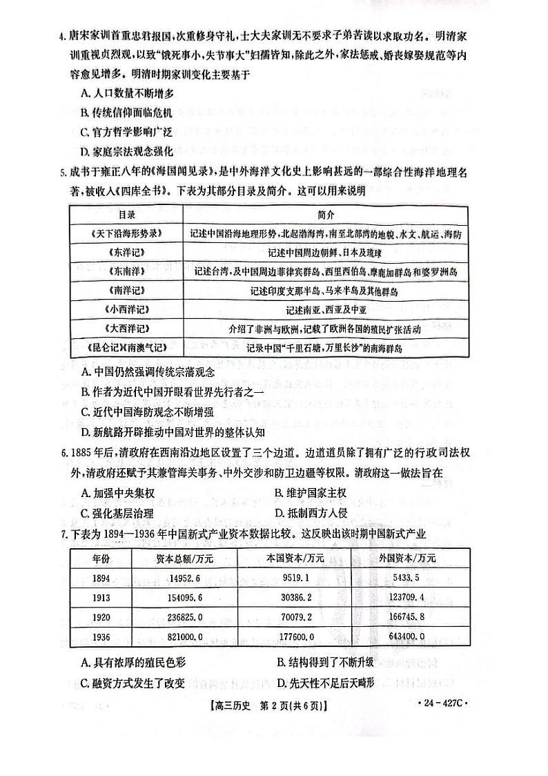广西壮族自治区多市(梧州、玉林、贺州等)2024届高三下学期4月模拟考试历史试卷(PDF版附解析)02