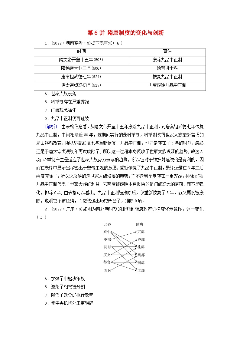 2025版高考历史一轮总复习课时作业中外历史纲要上第2单元三国两晋南北朝的民族交融与隋唐统一多民族封建国家的发展第6讲隋唐制度的变化与创新