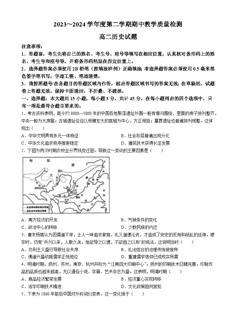 山东省济宁市曲阜市2023-2024学年高二下学期期中历史试题01