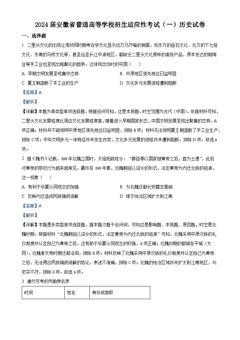 安徽省2024届普通高等学校招生适应性考试(一)历史试题(原卷版+解析版)01