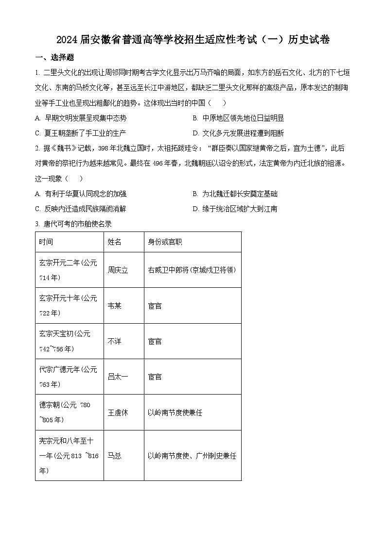 安徽省2024届普通高等学校招生适应性考试(一)历史试题(原卷版+解析版)01