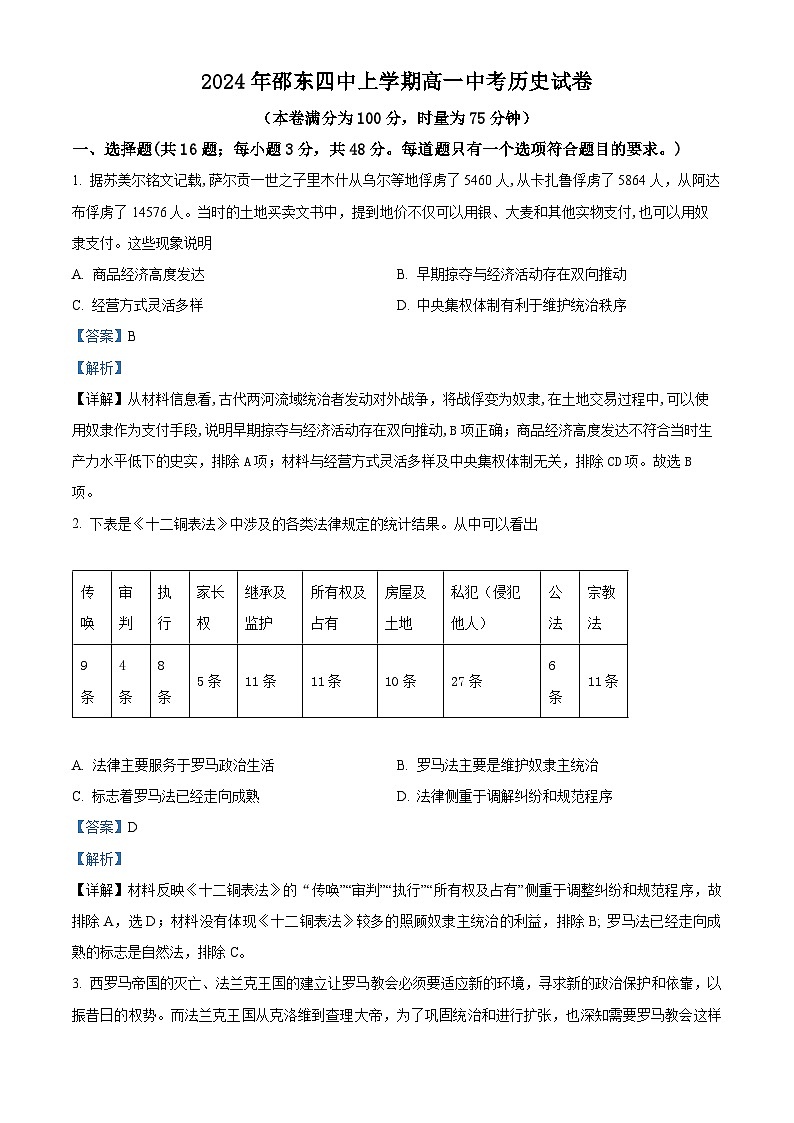 湖南省邵阳市邵东市第四中学2023-2024学年高一下学期期中历史试题(原卷版+解析版)01