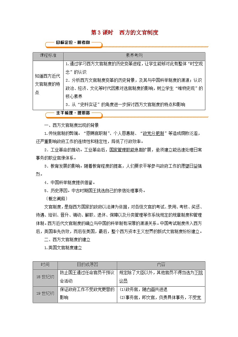 2025版高考历史一轮总复习教案选择性必修1第15单元官员的选拔与管理第43讲中国官员的选拔与管理第3课时西方的文官制度01