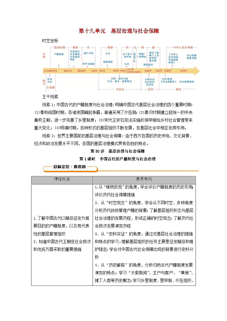 2025版高考历史一轮总复习教案选择性必修1第19单元基层治理与社会保障第50讲基层治理与社会保障第1课时中国古代的户籍制度与社会治理01