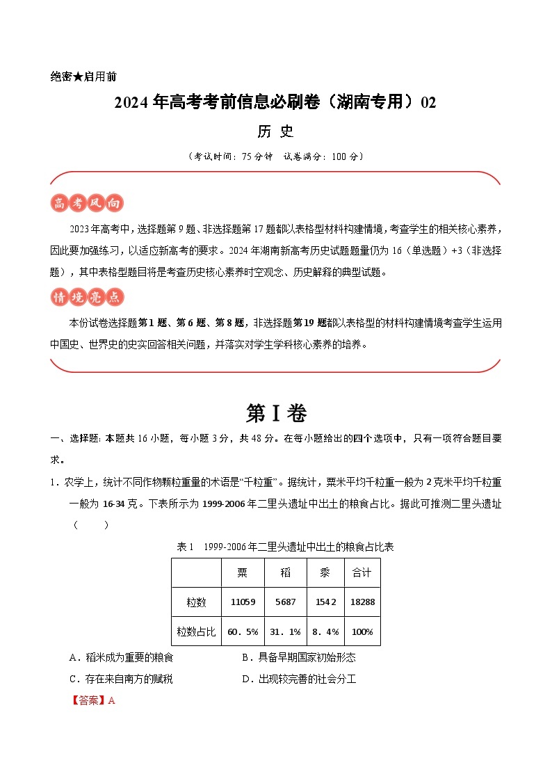 2024年高考历史考前信息必刷卷02（湖南专用）  （解析版）01