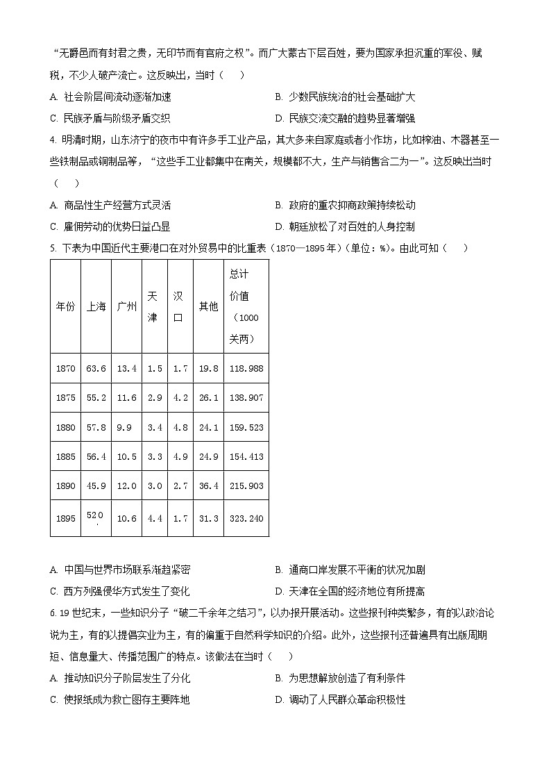 2024屆河南省三門峽部分名校高三下學(xué)期模擬考試文科綜合試題-高中歷史（原卷版）第2頁(yè)