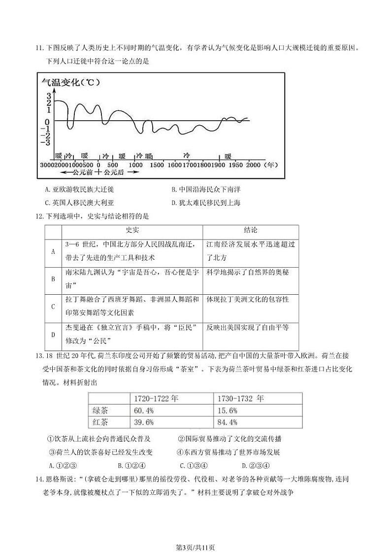 2024北京丰台高二下学期期中历史(A卷)试题及答案试卷03