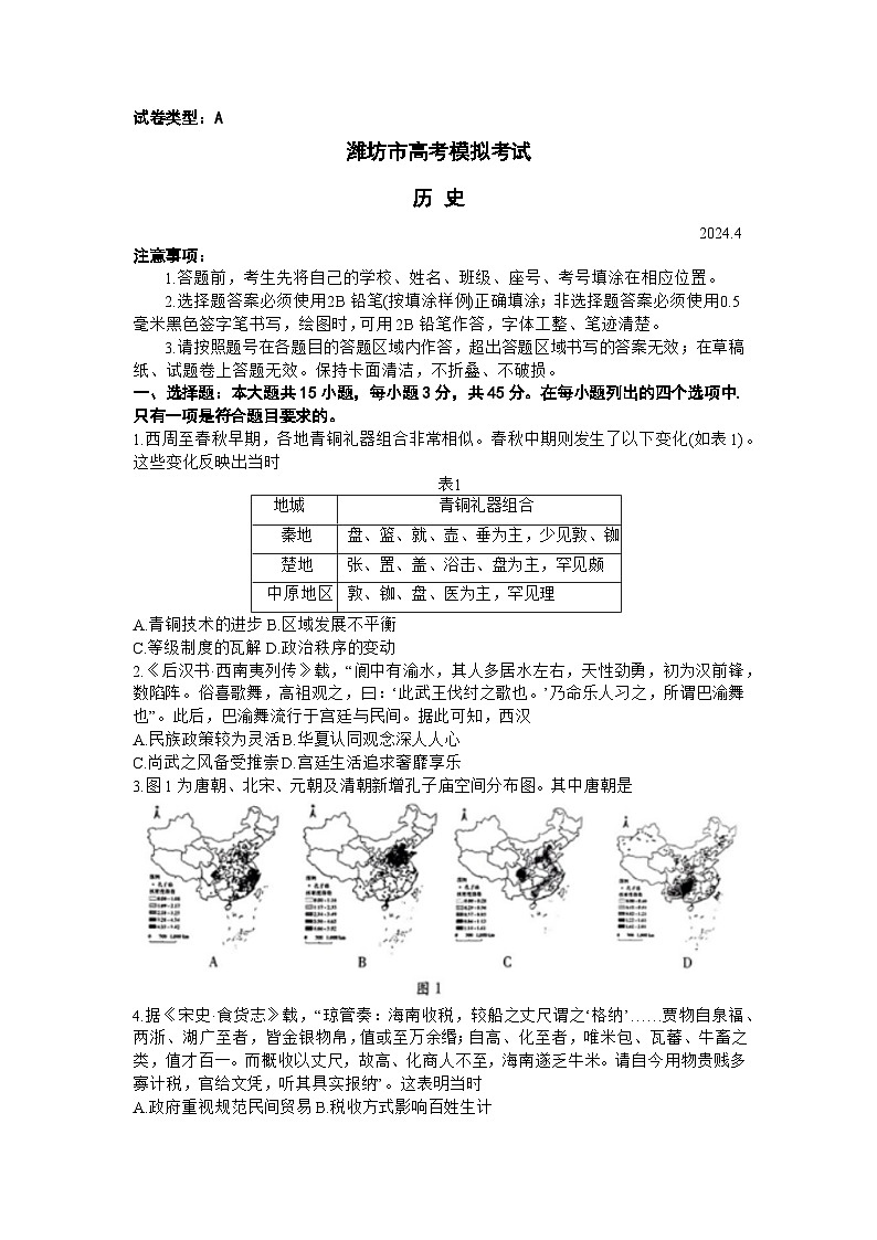 山东省潍坊市2024届高三下学期二模历史试卷(Word版附答案)第1页