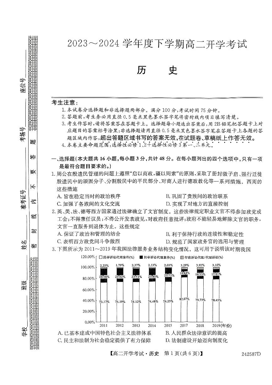 黑龙江省绥棱县第一中学2023-2024学年高二下学期开学考试历史试题