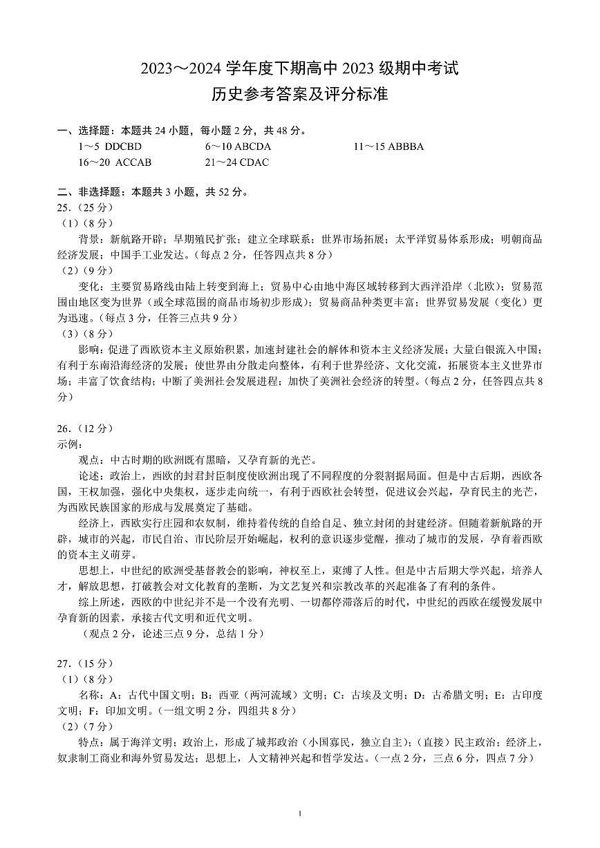 2023～2024學(xué)年度下期高中2023級(jí)期中考試歷史參考答案及評(píng)分標(biāo)準(zhǔn)第1頁