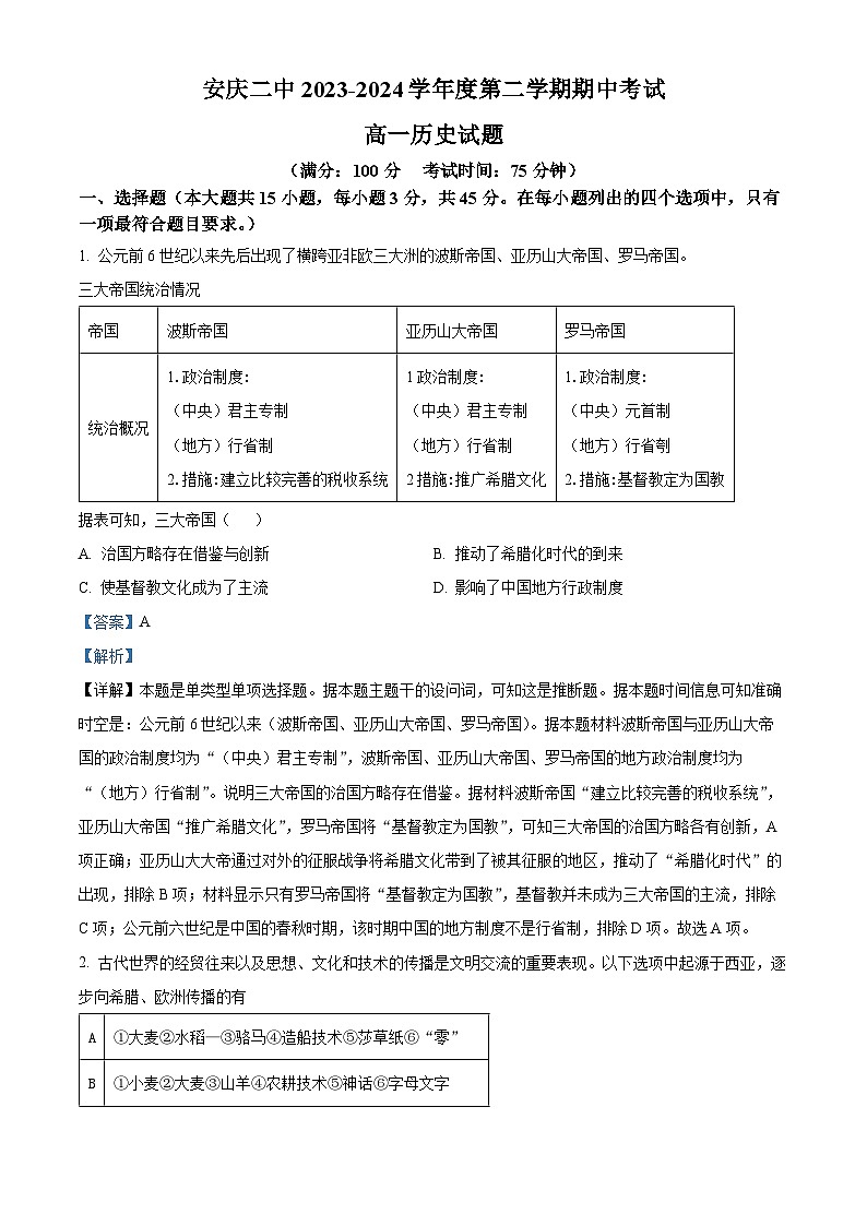2024安庆二中高一下学期4月期中历史试题含解析01