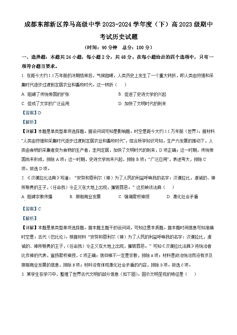 四川省成都东部新区养马高级中学2023-2024学年高一下学期期中历史试题(原卷版+解析版)01