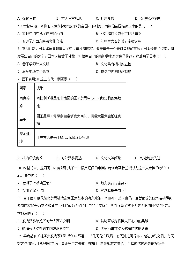 四川省成都东部新区养马高级中学2023-2024学年高一下学期期中历史试题(原卷版+解析版)02