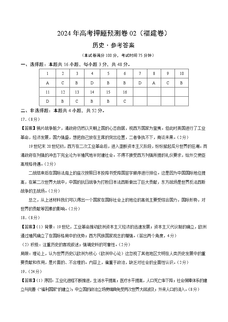 2024年高考押题预测卷—历史(福建卷02)(参考答案)第1页