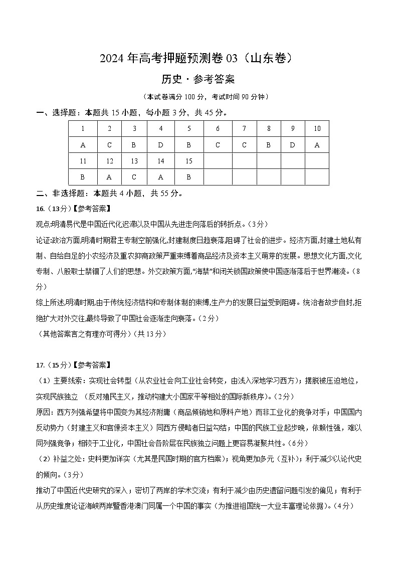 2024年高考押题预测卷—历史(山东卷03)(参考答案)第1页