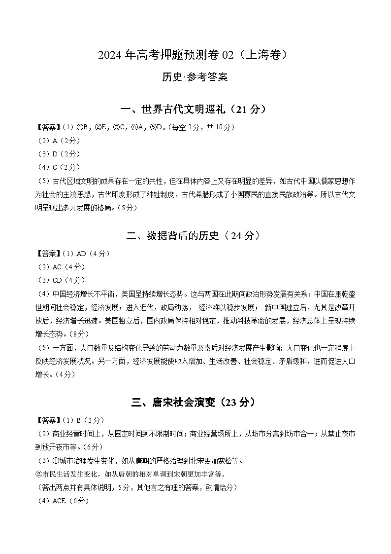 2024年高考押题预测卷—历史(上海卷02)(参考答案)第1页