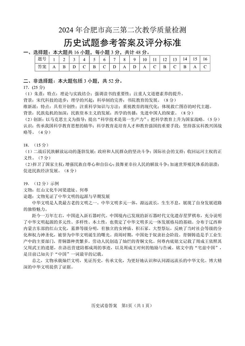 2024年合肥市高三下学期4月第二次教学质量检测 历史试卷01