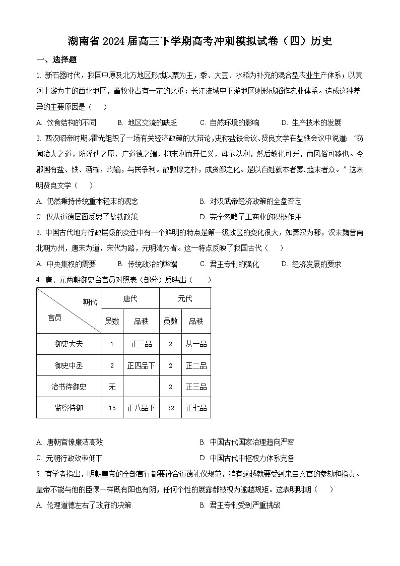 湖南省2024届高三下学期高考冲刺模拟(四)历史试题(原卷版)第1页