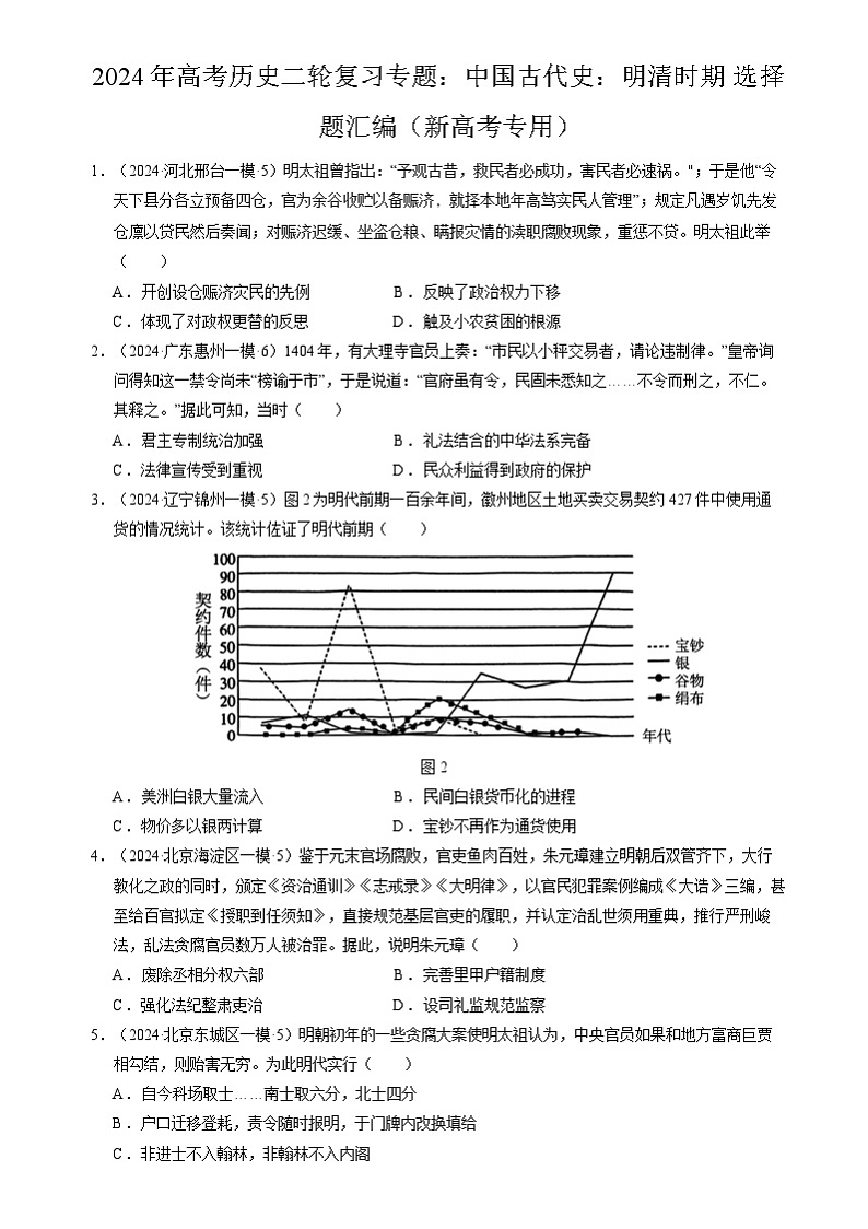 2024年高考历史二轮复习专题:中国古代史:明清时期 选择题汇编(新高考专用)(原卷版)第1页