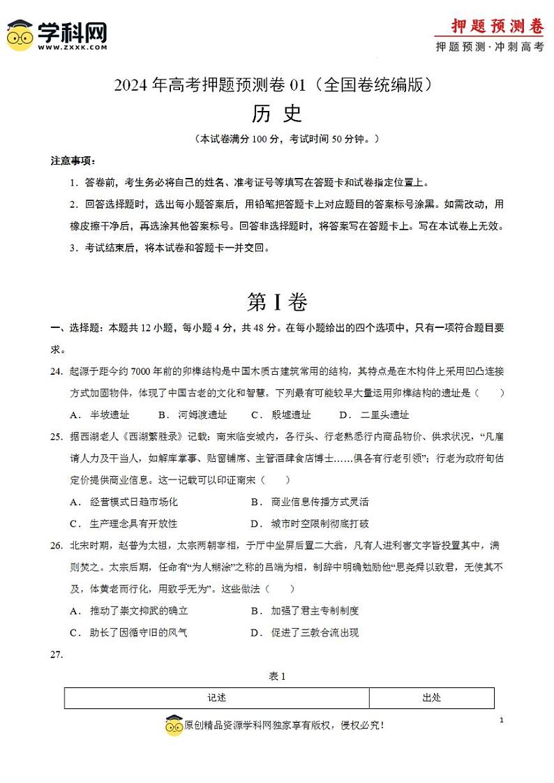 2024年高考押题预测卷—历史(全国卷统编版01)(考试版)第1页