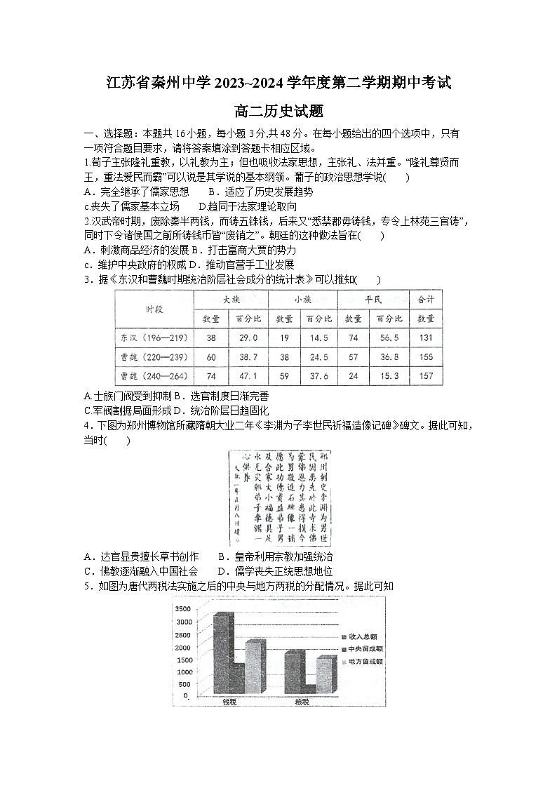 江苏省泰州中学2023-2024学年高二下学期期中考试历史试题第1页