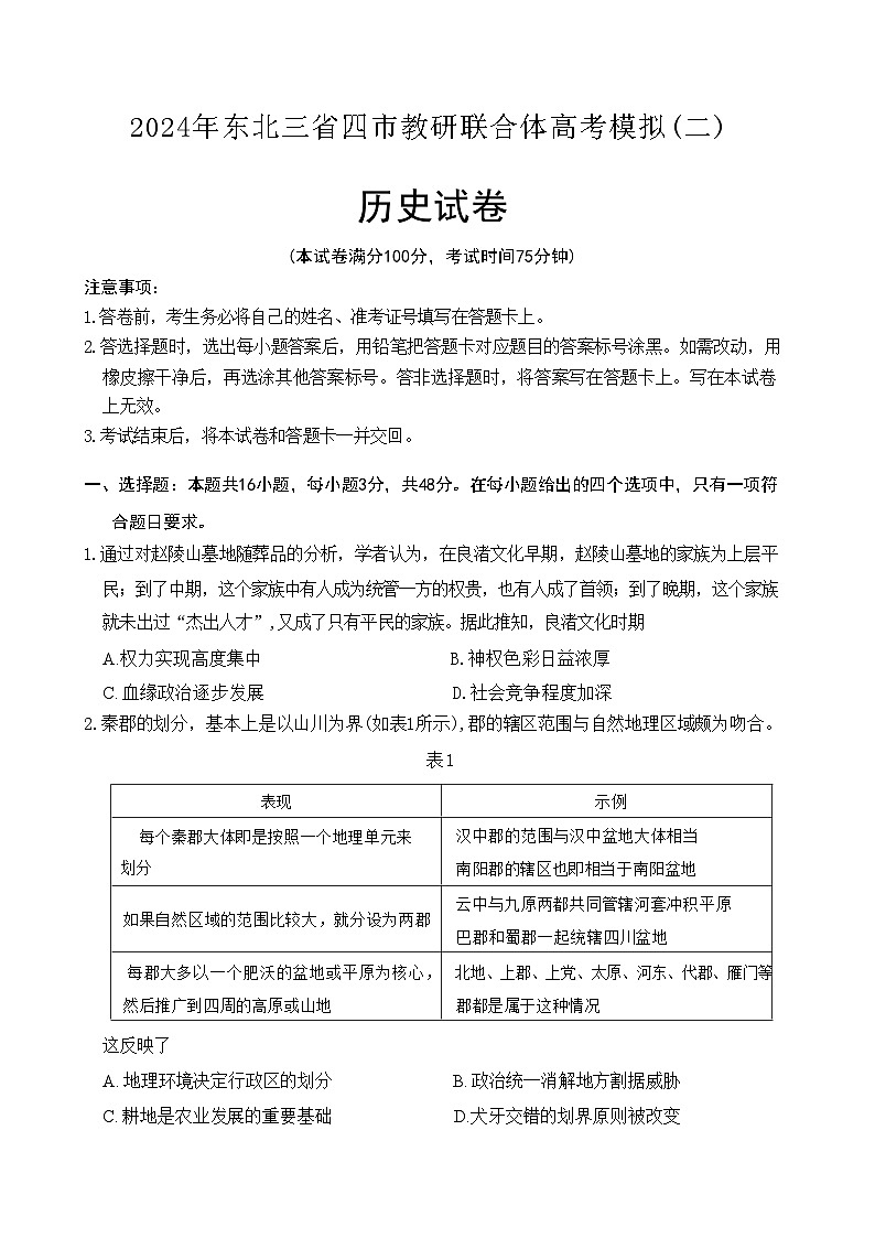 2024届东北三省四市教研联合体高考模拟(二)历史试卷第1页