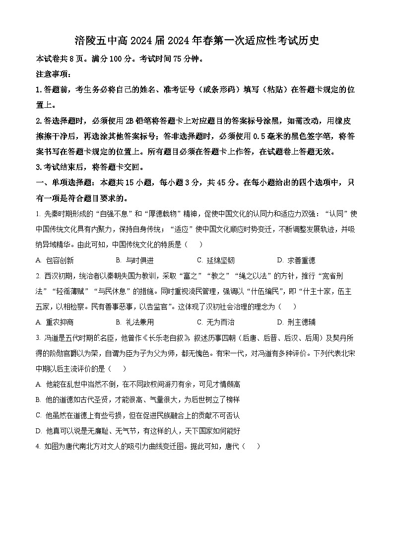 2024届重庆市涪陵第五中学校高三下学期第一次适应性考试历史试卷(原卷版)第1页