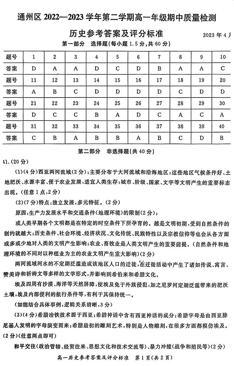 通州区2022一2023学年第二学期高一年级期中质量检测历史参考答案及评分标准01