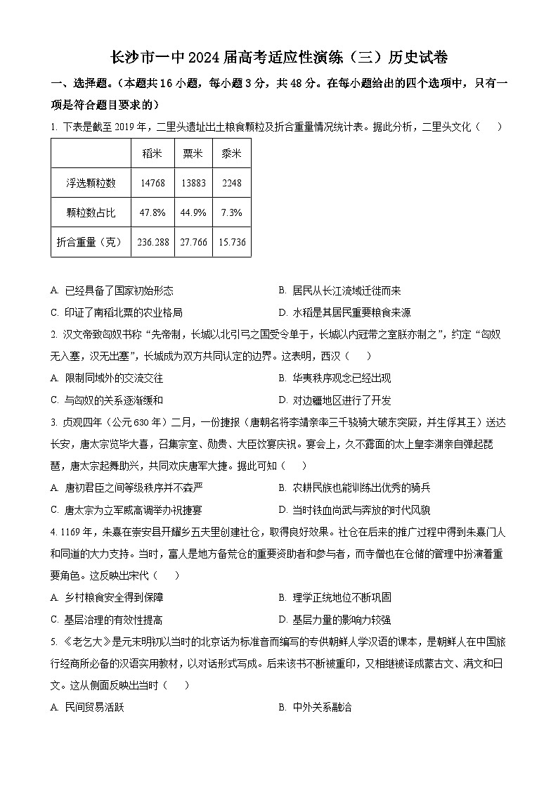 湖南省长沙市第一中学2024届高三下学期高考适应性演练(三)历史试题无答案第1页