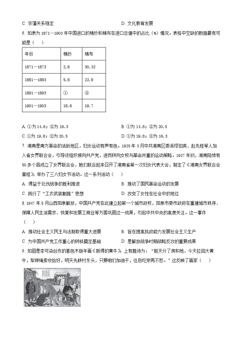 湖南省长沙市第一中学2024届高三下学期高考适应性演练(三)历史试题无答案第2页