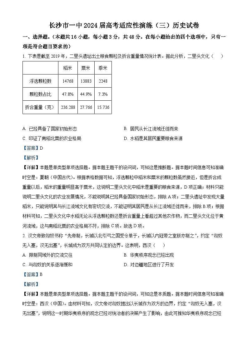 湖南省长沙市第一中学2024届高三下学期高考适应性演练(三)历史试题含解析第1页