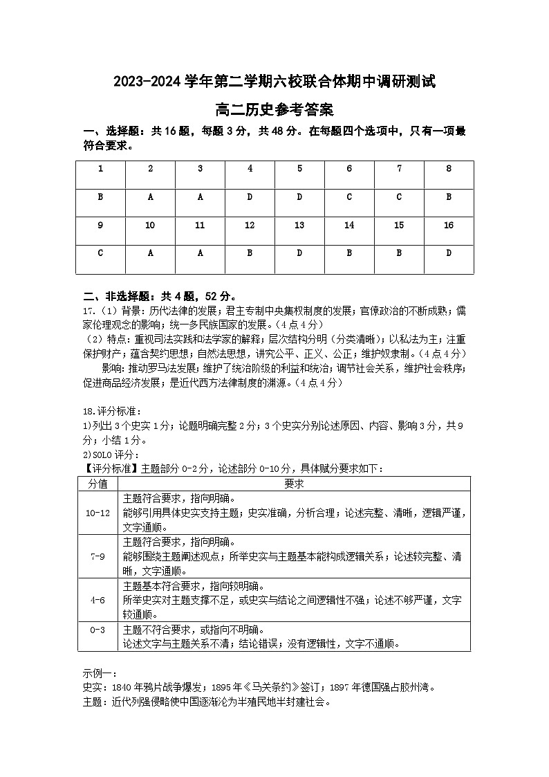 江苏省南京市六校联合体学校2023-2024学年高二下学期期中调研测试历史试题01