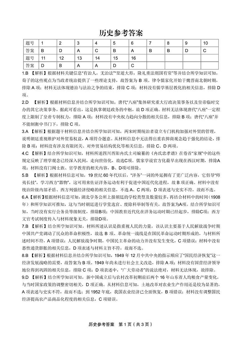 皖江名校联盟2024高三5月最后一卷历史试题01