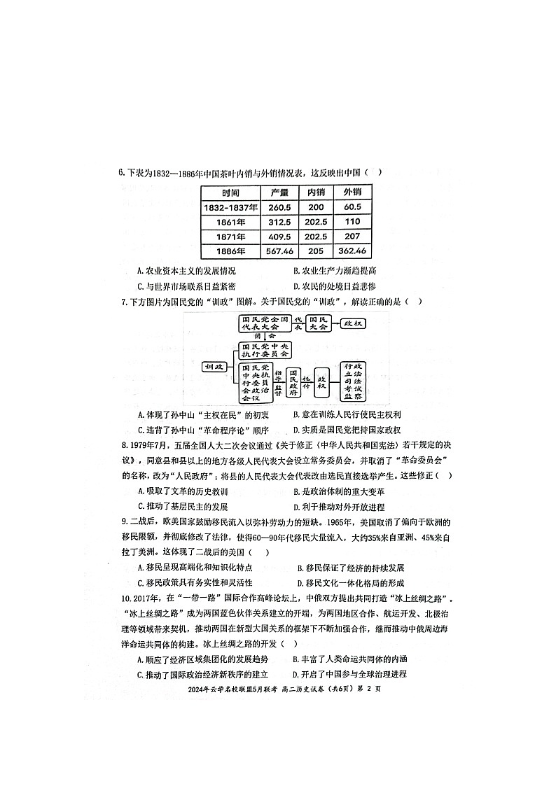 2024年云学名校联盟高二年级5月联考历史试卷第2页