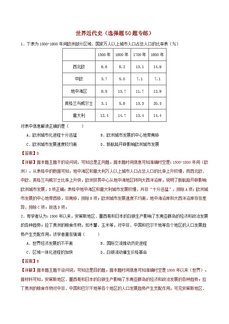 备战2024年高考历史易错题精选世界近代史选择题50题专练教师版第1页