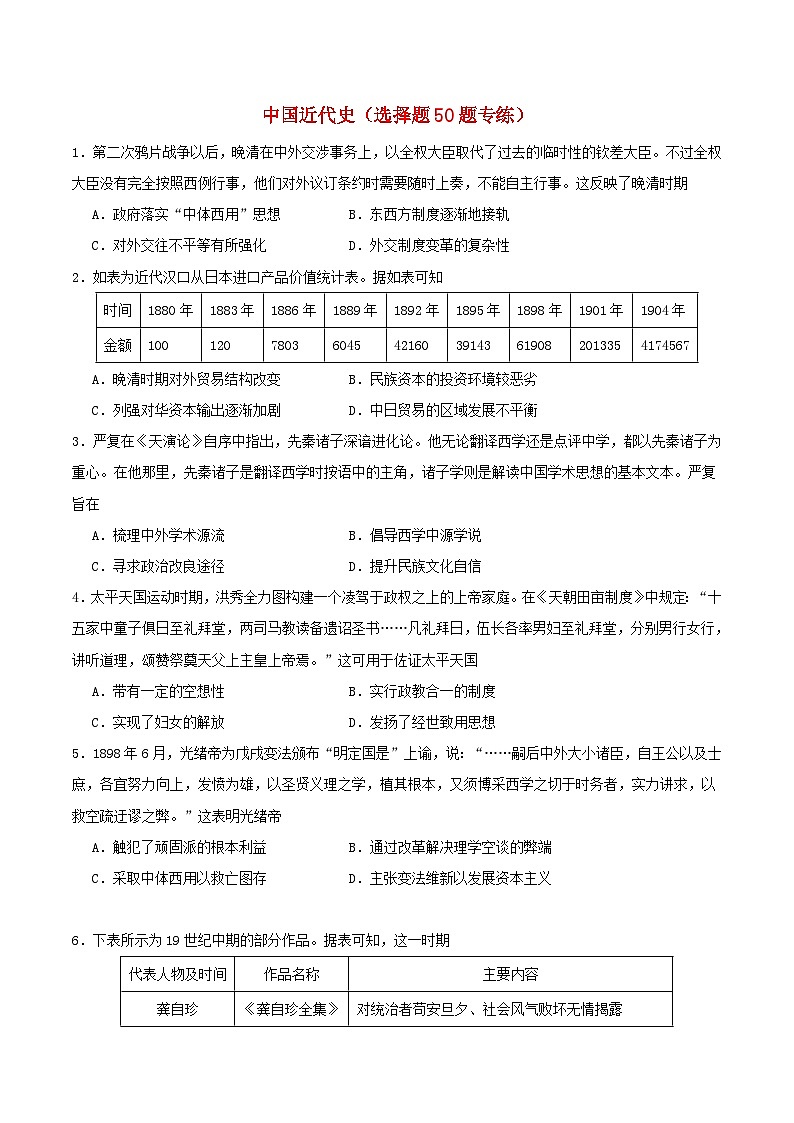 备战2024年高考历史易错题精选中国近代史选择题50题专练学生版01