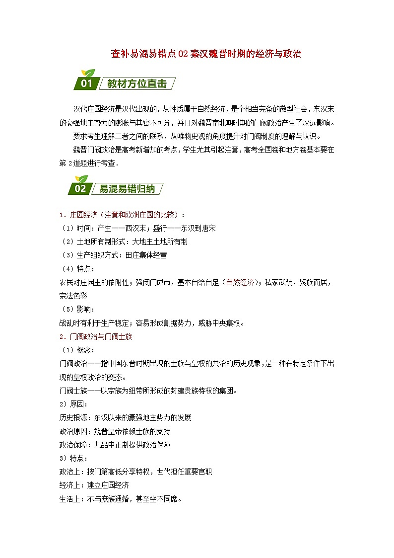 全国通用2024高考历史三轮冲刺过关查补易混易错点02秦汉魏晋时期的经济与政治01