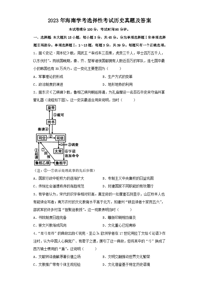 2023年海南高中学业水平学考选择性考试历史真题及答案第1页