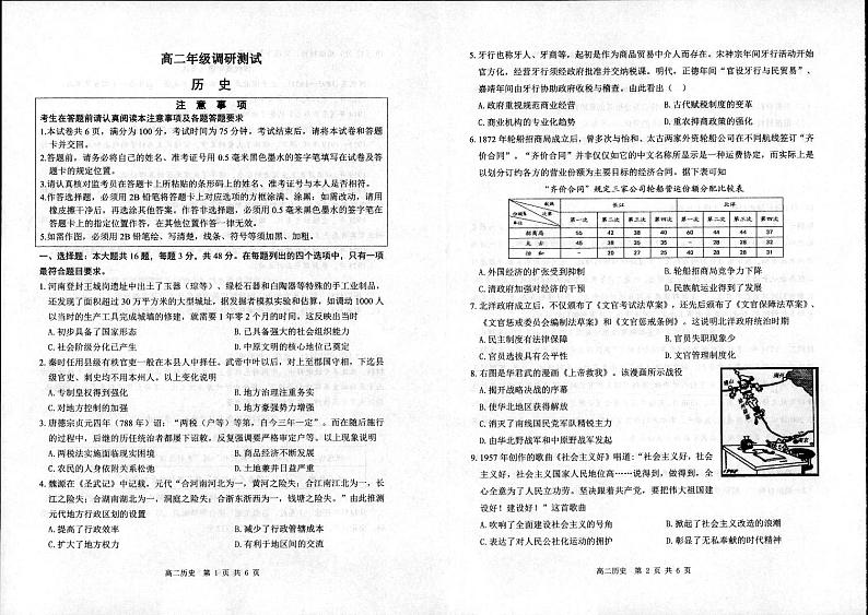 江苏省宿迁市2023-2024学年高二下学期期末考试历史试题第1页