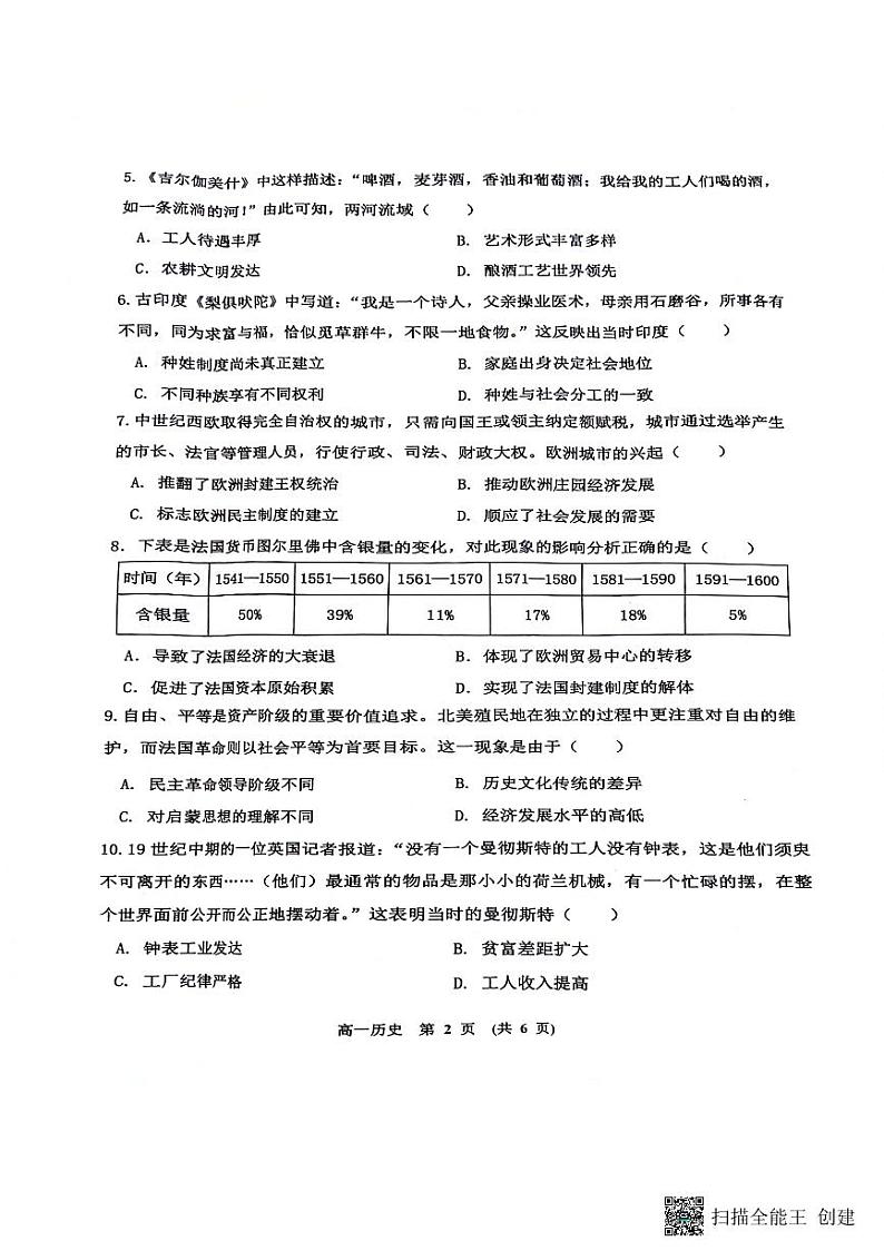 江西省新余市2023-2024学年高一下学期期末质量检测历史试题02