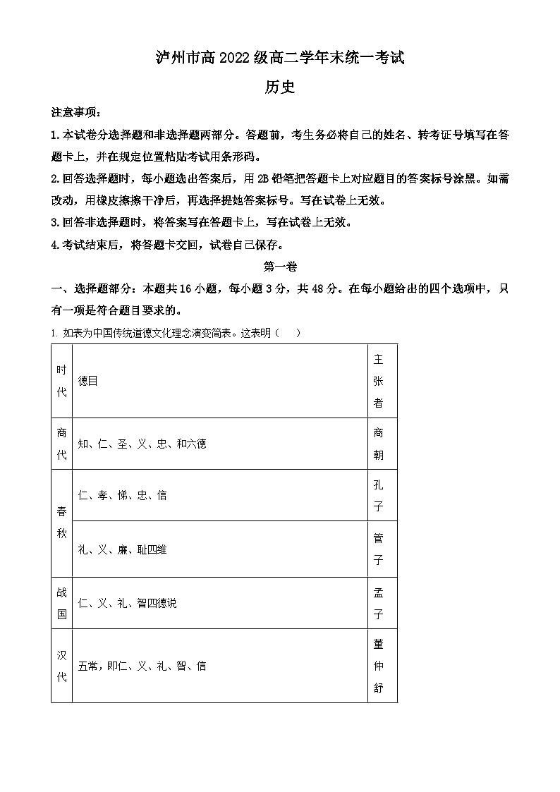 四川省泸州市2023-2024学年高二下学期7月期末考试历史试题(解析版)第1页