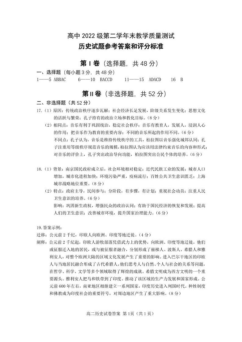 四川省绵阳市2023-2024学年高二下学期期末考试历史试题01
