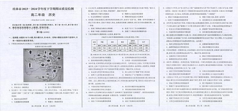 广西桂林市2023-2024学年高二下学期期末质量检测+历史试题及答案01