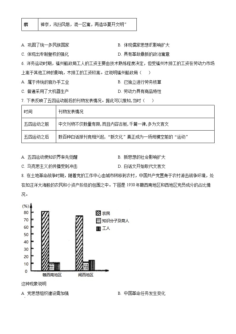 2024泉州五中高三下学期二模试题历史含解析02