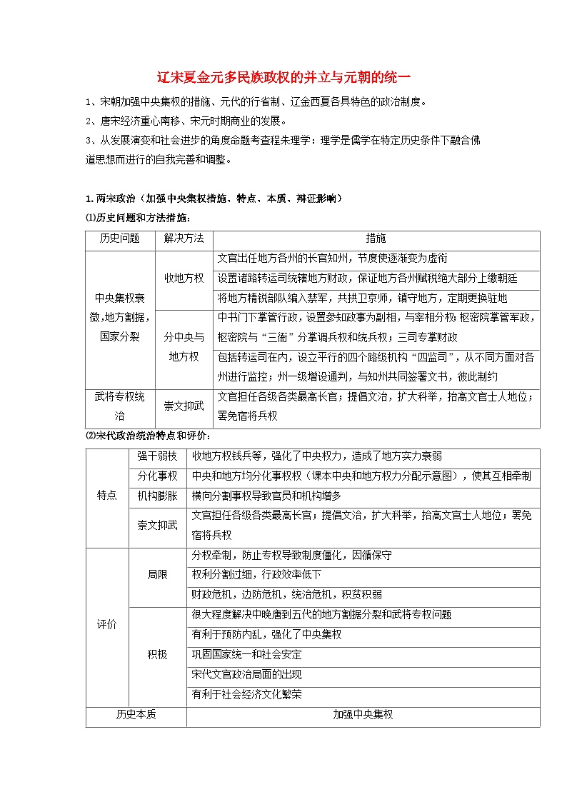 高考历史三轮复习辽宋夏金元多民族政权的并立与元朝的统一讲义