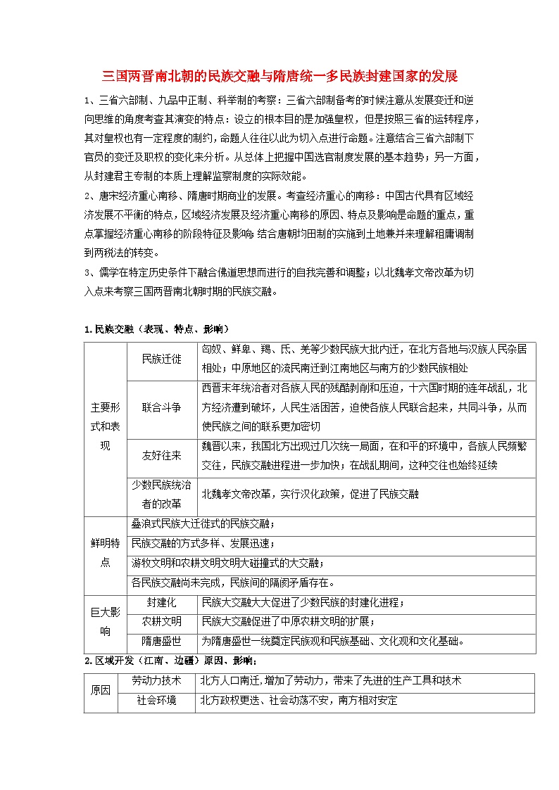 高考历史三轮复习三国两晋南北朝的民族交融与隋唐统一多民族封建国家的发展讲义